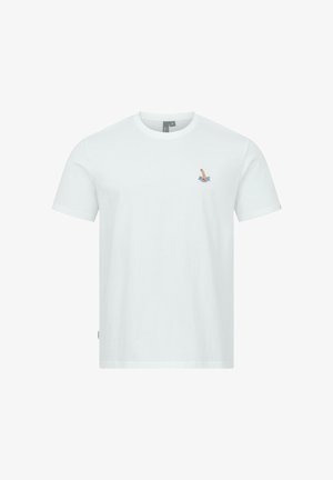 Wit T-shirt met korte mouwen en ronde hals, met een klein geborduurd ontwerp van een duikende arm en water op de linkerborst.