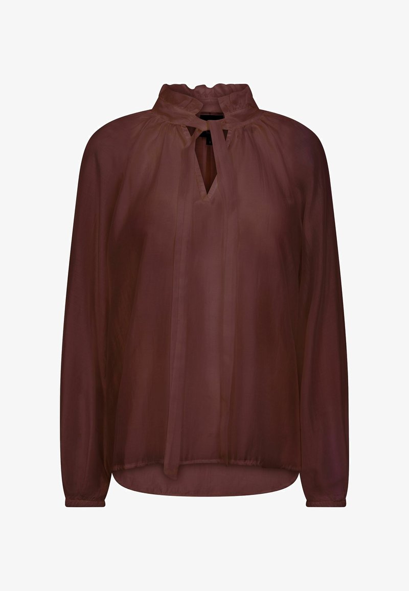 Blouse marron transparente à manches longues avec un col haut à volants et un détail de lien à l'encolure en forme de goutte, coupe ample et coutures d'épaules froncées.