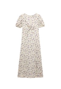 Bloemenprint jurk met pofmouwen, crèmekleurige achtergrond, kleine paarse en groene bloemen, knie-lengte, met een gecollecteerde detail bij de halslijn.