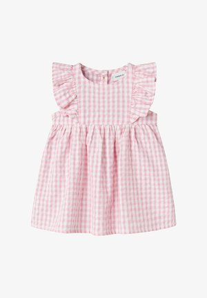 Vestido de Si en cuadros rosas con mangas con volantes, cintura fruncida y cierre de botones en la parte posterior. Hecho de tela ligera, patrón texturizado.
