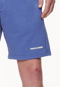 Shorts en coton bleu à texture lisse, arborant un logo blanc "PEGADOR" sur l'ourlet. Une éraflure visible est présente au niveau du genou.
