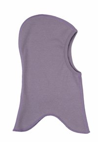 Balaclava en tissu violet avec un haut arrondi, une zone du visage ouverte et un design compatible avec le ski. Texture douce et bords finis.
