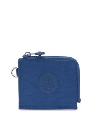 Compact blauw stoffen portemonnee met ritssluiting, ronde merklogo patch en metalen sleutelhanger aan de zijkant.