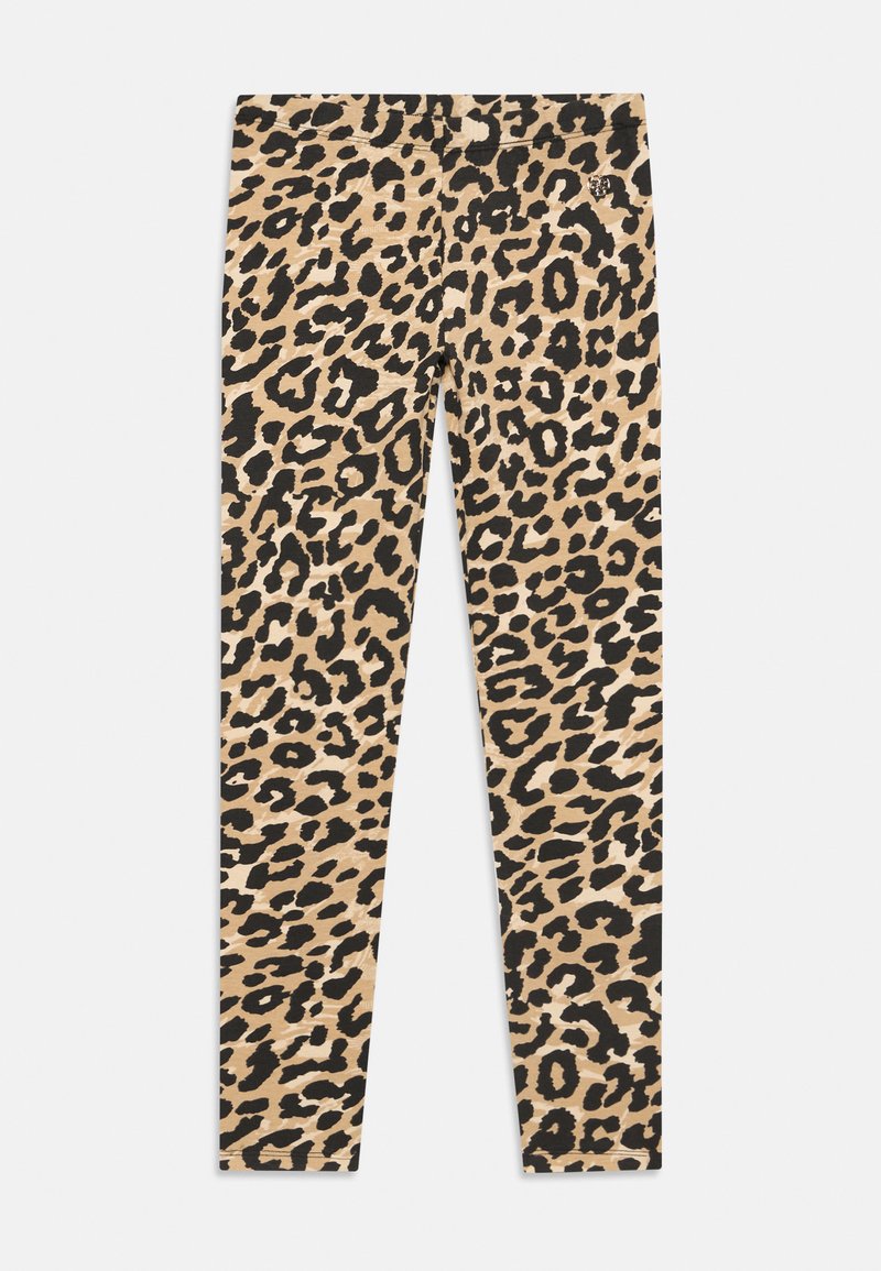 Beige en zwarte luipaardprint legging met een slim fit en een kleine metalen embellissement nabij de taille op een witte achtergrond.