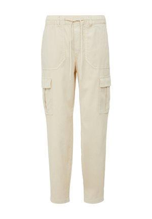 Pantaloni cargo beige con vita elastica, coulisse e diverse tasche. Realizzati in un tessuto morbido, presentano un design a gamba affusolata.