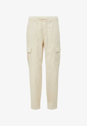 Pantaloni cargo beige con vita elastica, coulisse e diverse tasche. Realizzati in un tessuto morbido, presentano un design a gamba affusolata.