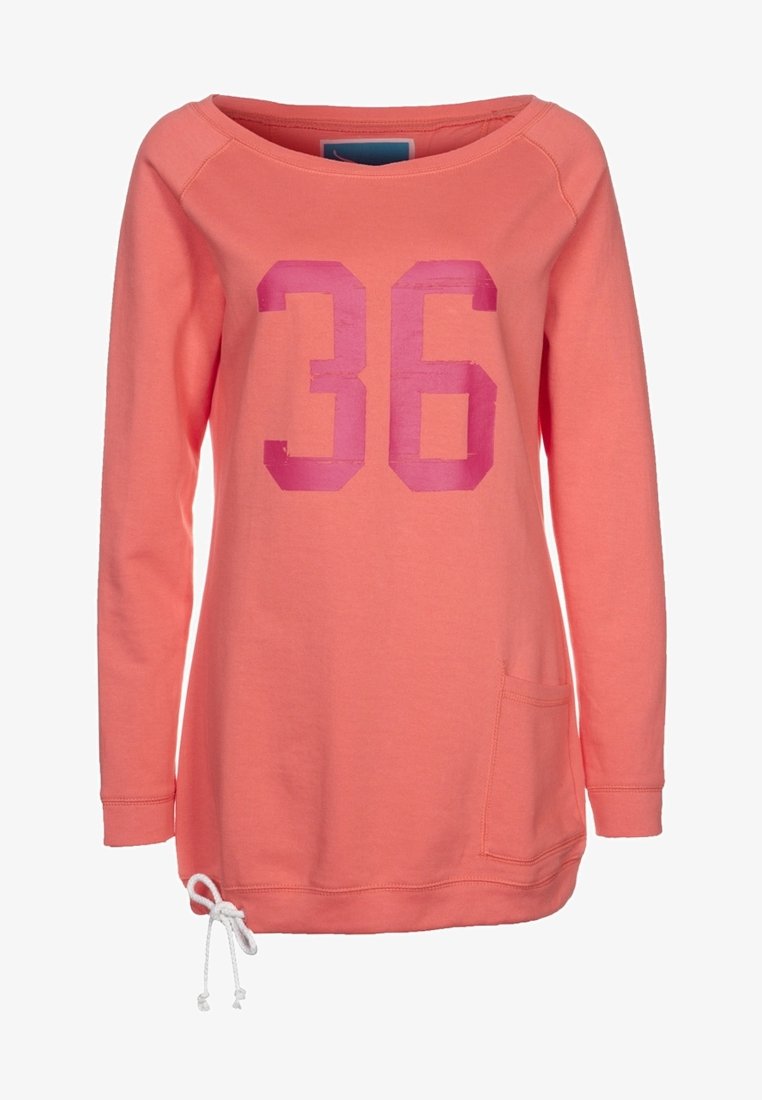 Sweatshirt corail à manches longues avec un grand "36" rose sur le devant, petite poche à l'ourlet et détail de cordon blanc sur le côté.