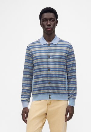 Jeune homme portant un pull à rayures bleu et beige boutonné avec col et pantalon beige clair sur fond blanc uni.