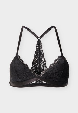Bralette en dentelle noire avec bonnets triangulaires, bretelles fines réglables et panneau dos nageur en dentelle, présenté sur un fond blanc uni.