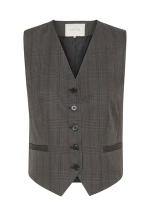 Szürke kockás mellény V-nyakkal, hat fekete gombbal, két oldalsó zsebbel és sima fekete béléssel. Ívelt alj és testhez simuló fazon.