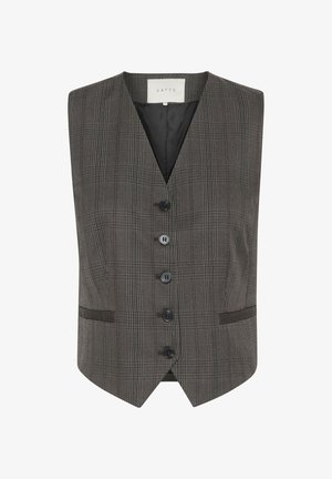 Sivi karirani prsluk s V-izrezom, šest crnih dugmadi, dva bočna džepa i glatkom crnom podstavom. Zakrivljeni rub i kroj prilagođen tijelu.