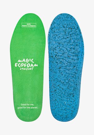 Zaļi un zili ieliktnīši ar teksturētu virsmu. Zaļajā pusē ir balta teksts "MAGIC ECOFOAM COMFORT" un logotips. Zilajai pusē ir plankumaina tekstūra.