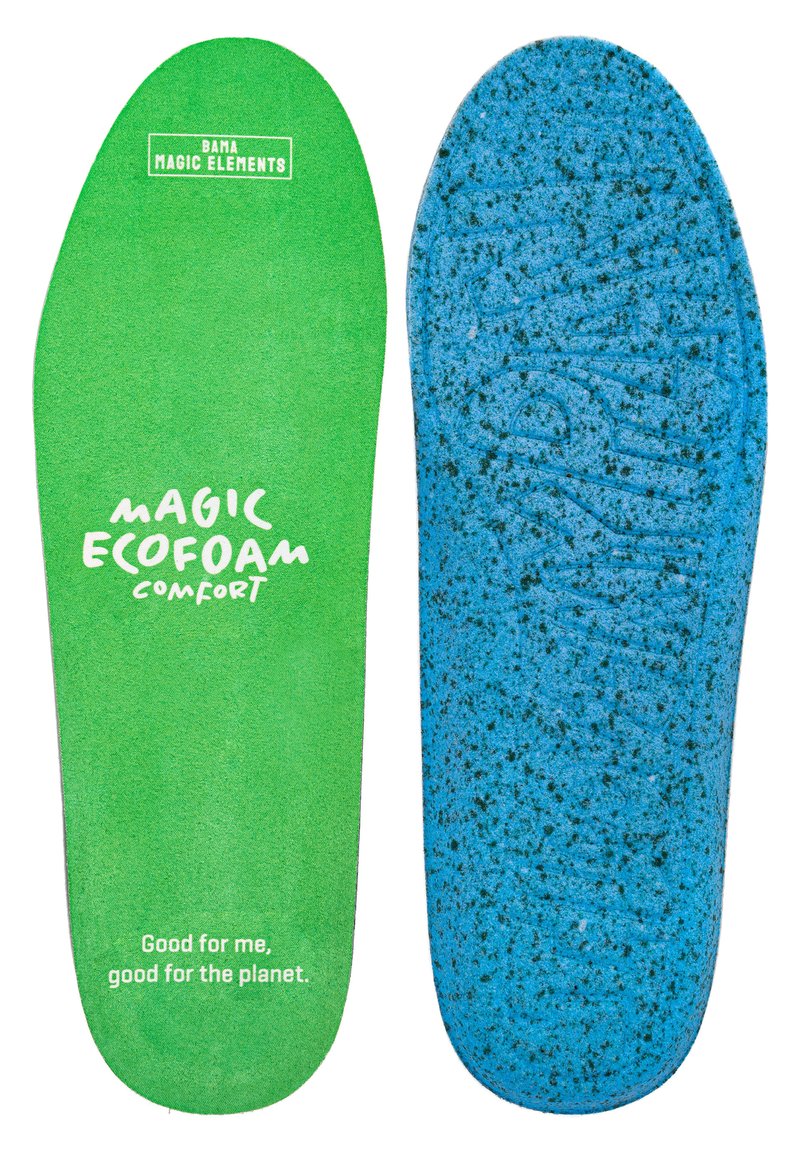 Vihreät ja siniset pohjalliset, joissa on teksturoitu pinta. Vihreällä puolella on valkoista tekstiä "MAGIC ECOFOAM COMFORT" ja logo. Sinisellä puolella on laikukas pinta.
