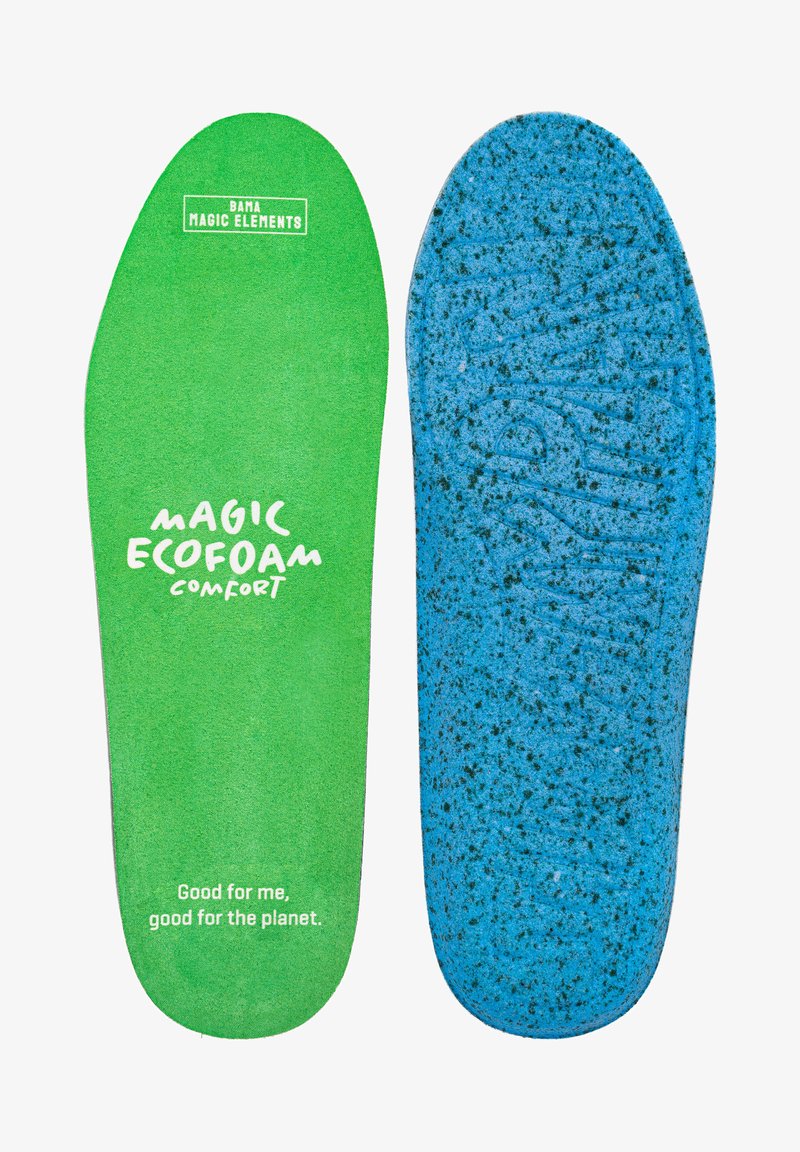 Žalios ir mėlynos ortopedinės pėdos su tekstūruota paviršiumi. Žalia pusė turi baltą tekstą "MAGIC ECOFOAM COMFORT" ir logotipą. Mėlyna pusė turi taškuotą tekstūrą.