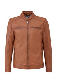Brun læderjakke med stående krave, to lynlåslommer på brystet, sidelommer med lynlås og en glat tekstur. Slim fit design.