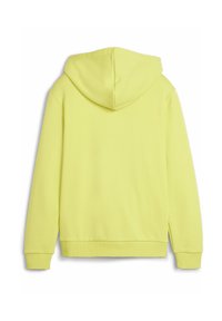 Sudadera con capucha amarilla de textura suave, mostrando una vista trasera, con puños acanalados y un diseño sencillo.