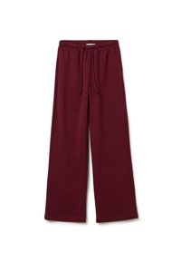 Pantalones anchos burdeos hechos de una tela suave con cintura elástica y cordón ajustable, con detalles de dobladillo cosidos.