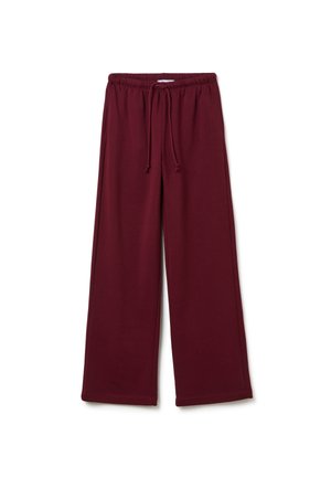 Burgunderfarbene weitgeschnittene Hose aus weichem Stoff mit elastischem Bund und verstellbarem Kordelzug, ausgestattet mit genähten Saumdetails.