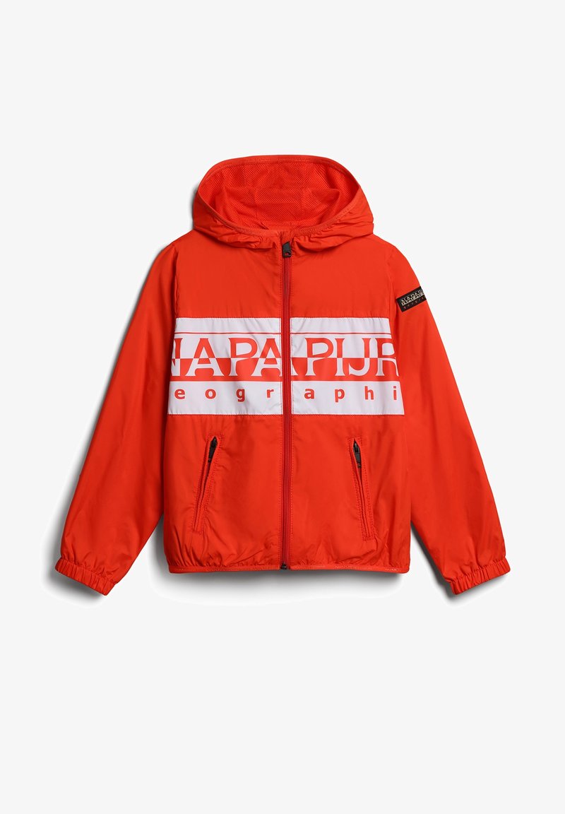 Veste à capuche orange vif avec fermeture éclair à l'avant, deux poches zippées, poignets élastiques et bande blanche sur la poitrine avec texte partiel de la marque.