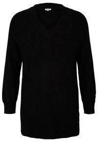 Schwarzer, langärmeliger V-Ausschnitt Strickpullover mit gerippten Bündchen und einem kleinen Markenetikett im Halsbereich.