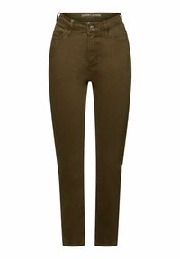 Jean skinny vert olive à taille haute, design à cinq poches, fermeture par bouton en métal, et tissu légèrement extensible pour plus de confort.