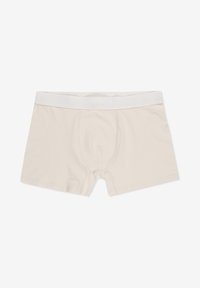 Męskie bokserki w jasnobeżowym kolorze z bawełny, z białą elastyczną talią i gładką, miękką strukturą w klasycznym wzorze.