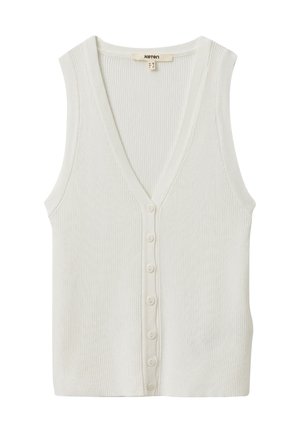 Top sin mangas de punto blanco con textura acanalada, escote en V profundo y cierre frontal con botones. Presenta un diseño ajustado y una textura suave.