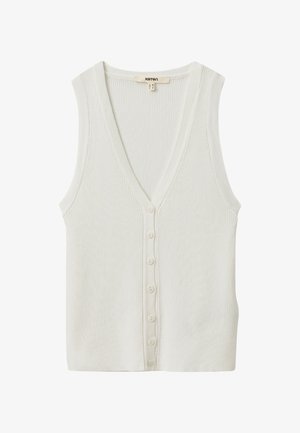 Weißes geripptes Strick-Camisole ohne Ärmel mit tiefem V-Ausschnitt und vorderer Knopfverschluss. Verfügt über ein figurnahes Design und eine weiche Textur.