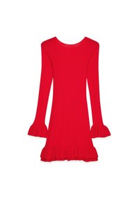 Rode geribde jurk met lange mouwen en uitlopende manchetten. Heeft een ronde hals en een gerimpelde zoom. Soepele textuur, aansluitend ontwerp.