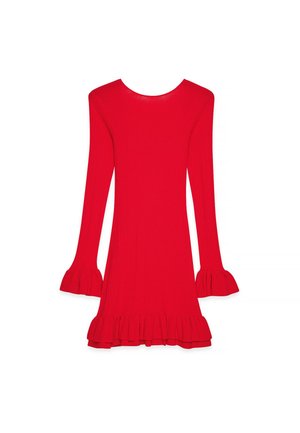 Rød ribbet kjole med lange ærmer og flagrende manchetter. Har en rund halsudskærning og flæset kant. Glat tekstur, tætsiddende design.