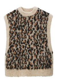 Pull en tricot sans manches beige avec un imprimé léopard noir et marron, présentant des détails côtelés en bas et des accents de boutons sur les côtés.
