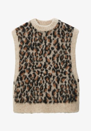 Pull en tricot sans manches beige avec un imprimé léopard noir et marron, présentant des détails côtelés en bas et des accents de boutons sur les côtés.