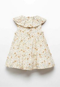 Vestido sin mangas de color crema para niña pequeña, con estampado floral en tonos naranjas y verdes, y cuello con volantes. Cierre de botones en la parte posterior.