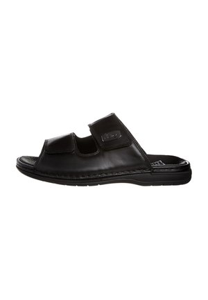 Sorte læder slidesandaler med to justerbare stropper, en polstret sål og en struktureret gummisål for holdbarhed og komfort.