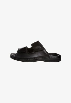 Schwarze Leder-Sandalen mit zwei verstellbaren Riemen, einem gepolsterten Fußbett und einer strukturierten Gummisohle für Haltbarkeit und Komfort.