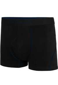 Schwarze Boxershorts mit blauen Nähten und einem glatten Bund, der den Markennamen trägt. Hergestellt aus einem weichen, dehnbaren Material für optimalen Komfort.