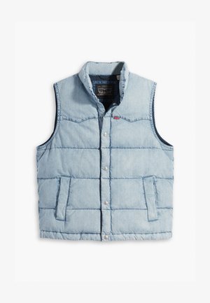 Light blue puffer vest made from denim fabric, featuring a high collar, snap buttons, and two side pockets. Stitched panel design visible.
