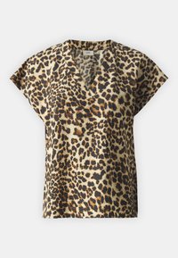 Blusa a maniche corte in stampa leopardata nei toni beige, marrone e nero. Design a V con una sottile texture e vestibilità ampia, realizzata in un tessuto leggero.
