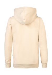 Sweat à capuche beige vu de dos avec manches longues, capuche attachée et poignets et ourlet côtelés.