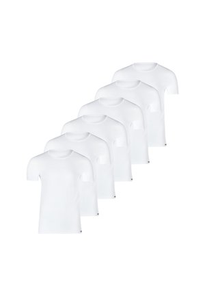 Set aus sechs einfachen weißen T-Shirts, mit kurzen Ärmeln, Rundhalsausschnitt, aus weichem Stoff, mit einem kleinen Logo am unteren linken Saum.