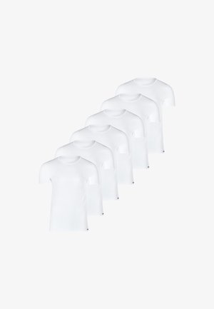 Set of six plain white t-shirts, short sleeves, round neck, made of soft fabric, featuring a small logo at the bottom left hem.