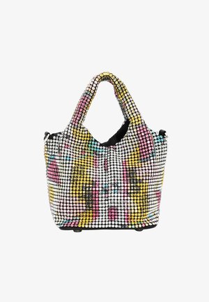 Bejeweled-Handtasche mit schwarzem Grund, verziert mit mehrfarbigen Rhinestones in Gelb, Pink und Blau. Weiche, abgerundete Griffe.
