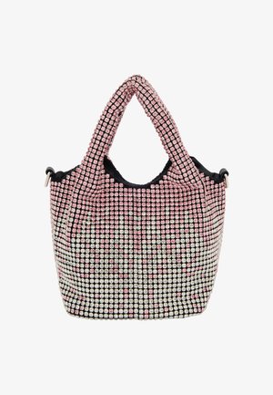 Krystalbesat håndtaske med en gradient af lyserøde og sølvfarvede sten sat på en sort stofbund. To robuste topstropper til bæring.