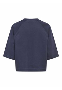 Sweat-shirt bleu marine à manches courtes raglan et encolure ronde côtelée, vu de dos.