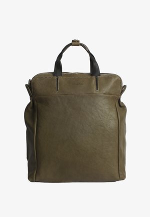 Olive green leather bag with black handles, rectangular shape, zip closure, minimal stitching, and a logo embossed on the front.