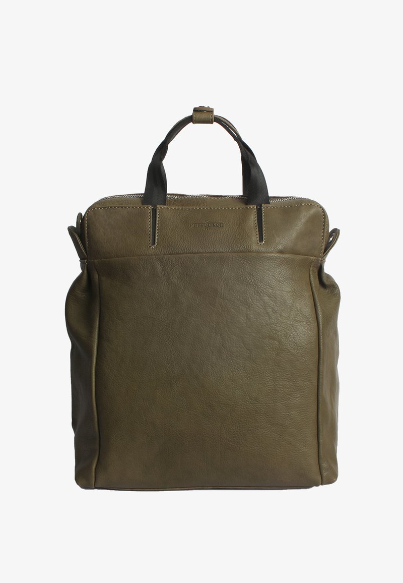 Olivgrüne Lederhandtasche mit schwarzen Griffen, rechteckiger Form, Reißverschluss, minimaler Naht und einem auf der Vorderseite eingeprägten Logo.