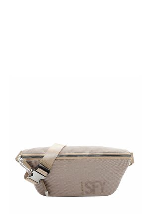 Beige stoffen schoudertas met een textuur, zilveren hardware, ritssluiting aan de voorkant en een verstelbare schouderriem.