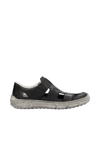 Schwarzer Lederschuh mit Ausschnittdetails, grauer Gummisohle und Stitching-Akzenten. Verfügt über einen Klettverschluss für einfaches Anziehen.