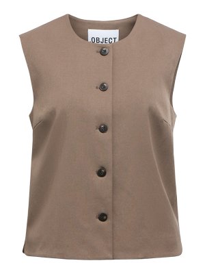Gilet sans manches, brun, avec un col rond et cinq boutons noirs sur le devant. Fabriqué en tissu lisse avec une coupe ajustée.