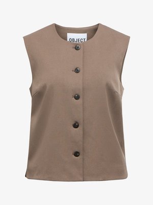 Sleeveless, brown vest with a round neckline and five black buttons down the front. Made of smooth fabric with a tailored fit.